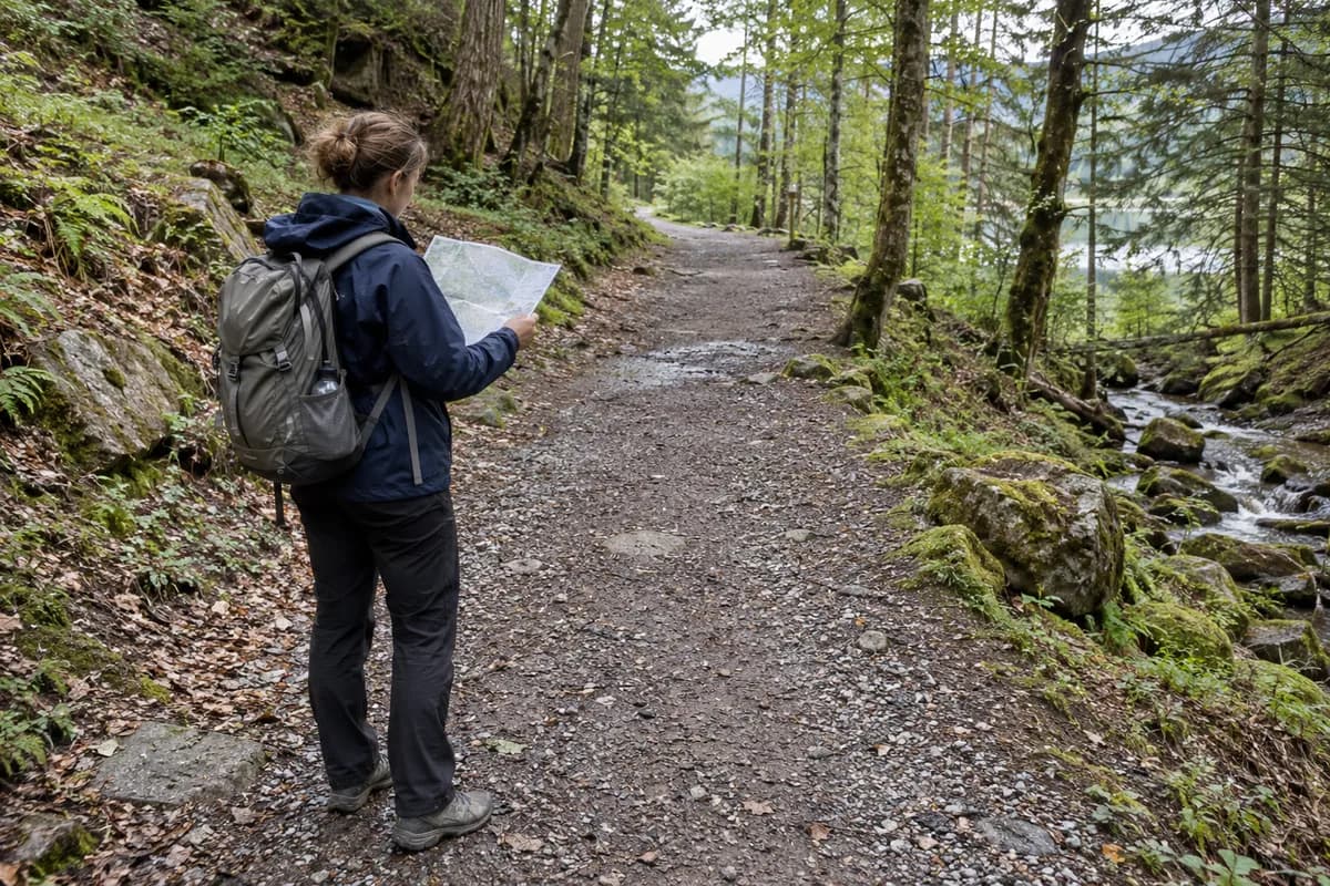 A walker pausing to read a map on a woodland path.