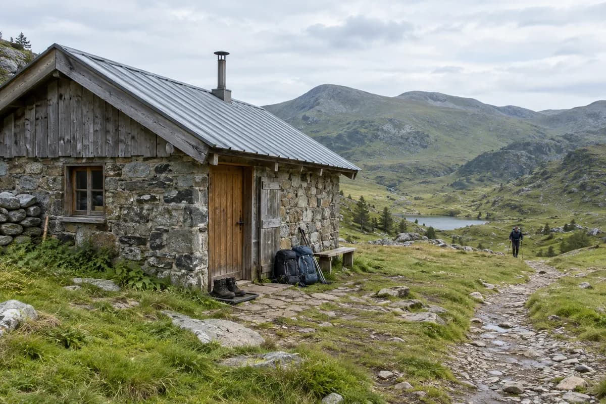 A simple mountain hut beside a path.