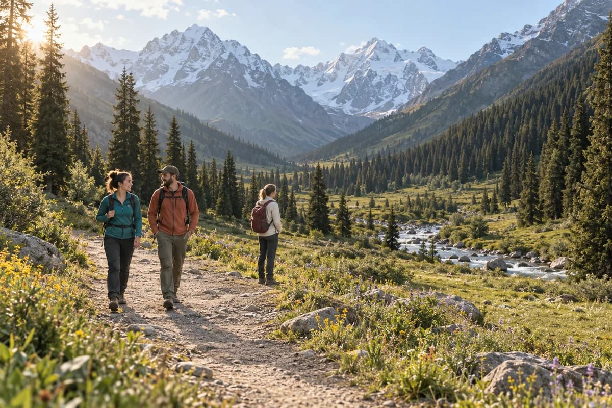 AI-created scene of friends walking in a mountain valley; not a customer photograph.