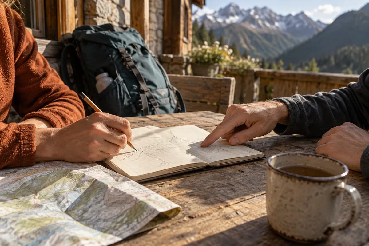 AI-created scene of travelers planning with a notebook and map.