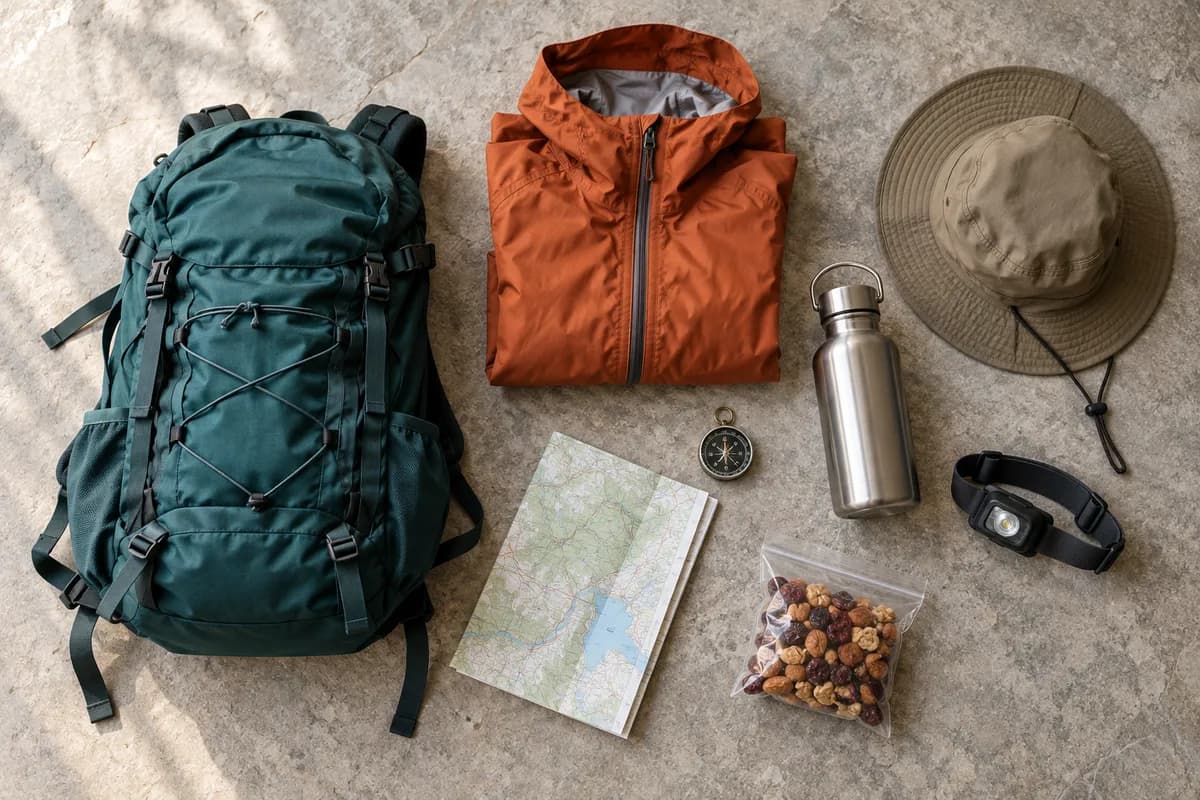 AI-created arrangement of a daypack, rain shell, water, map and everyday hiking items.