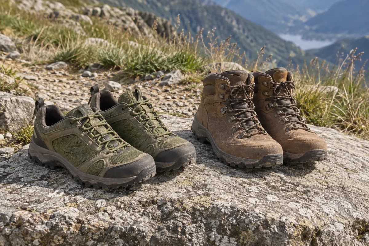 AI-created equipment photograph comparing low hiking shoes and ankle boots.