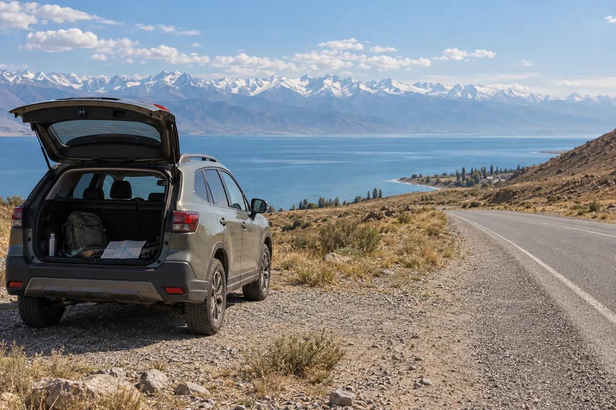 AI-created road-trip scene inspired by the Issyk-Kul region; not a documented viewpoint.