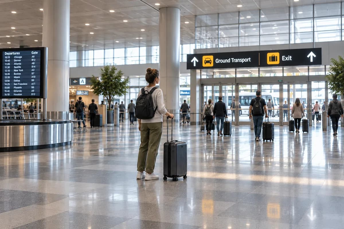 AI-created illustrative scene: A traveler walking through an airport with a suitcase.
