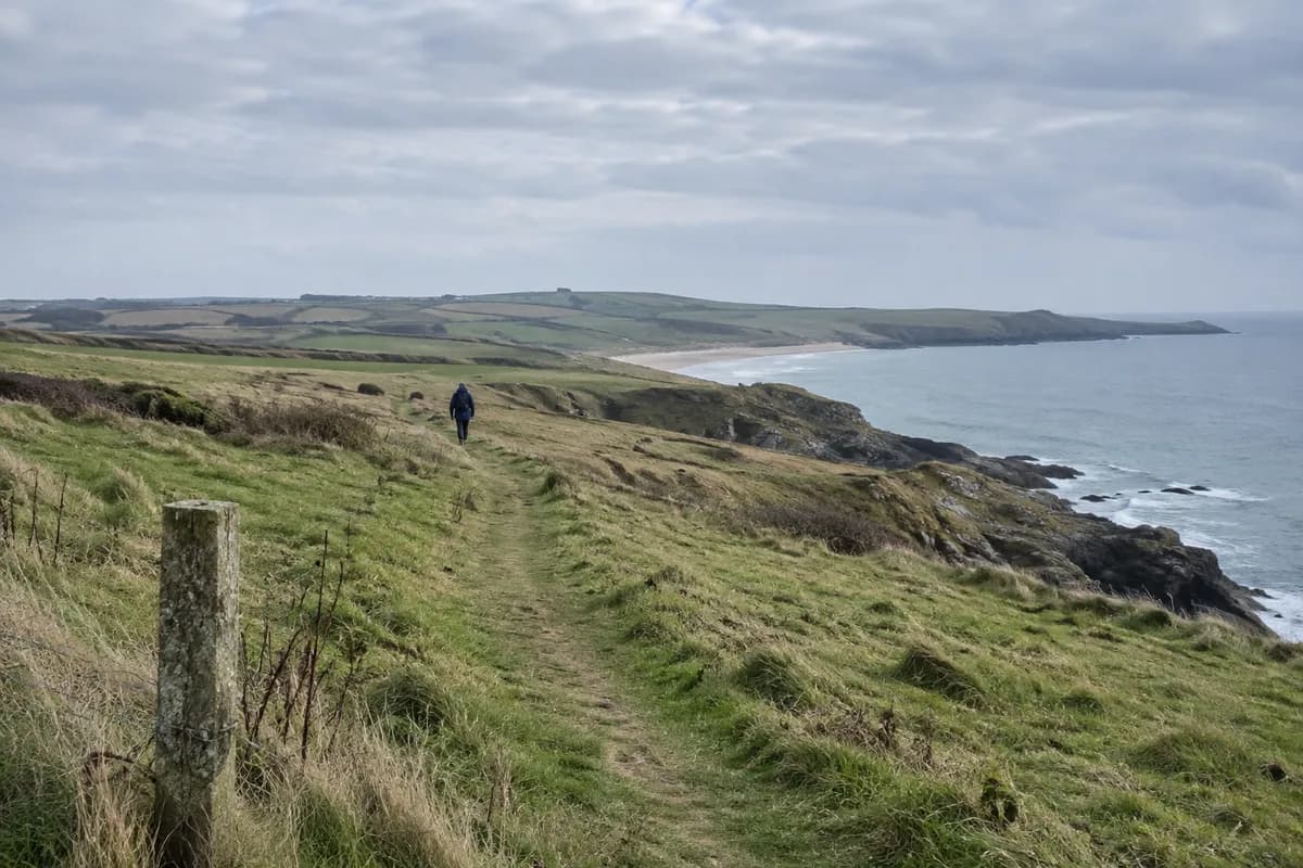 AI-created illustrative scene: A walker on a grassy coastal path above a gray-blue sea.